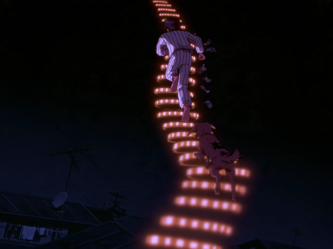 A sleepwalker in striped pajamas running up a spiral staircase of glowing coins into the night, a stray dog behind him