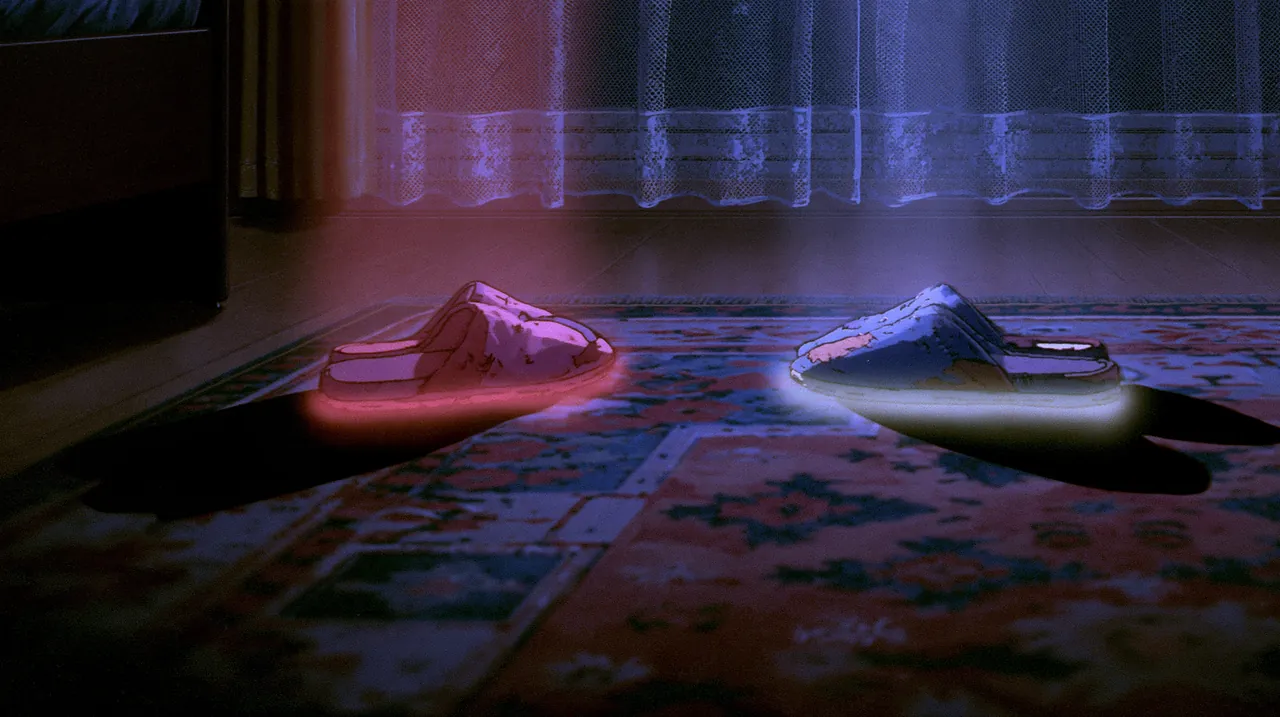 Two worn house slippers on a bedroom rug at night, the left one glowing crimson, the right one glowing pale sage