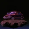 A boxy old hatchback on a floating rock
