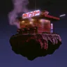 A meat-pie kiosk on a floating rock