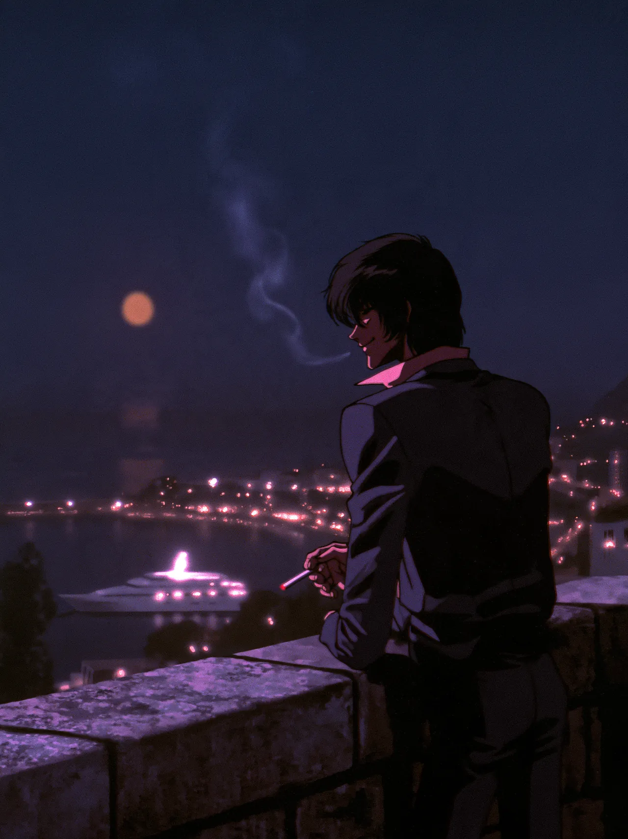 A young man in a dark suit smoking on the terrace of a stone villa at night, smiling down at the sea, a lit yacht and the coast below